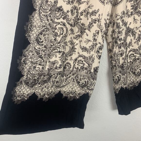H&M Pants Womens 4 Wide-Leg Crop Boho Chic Baroque Print Black Cream Flowy - Picture 3 of 11